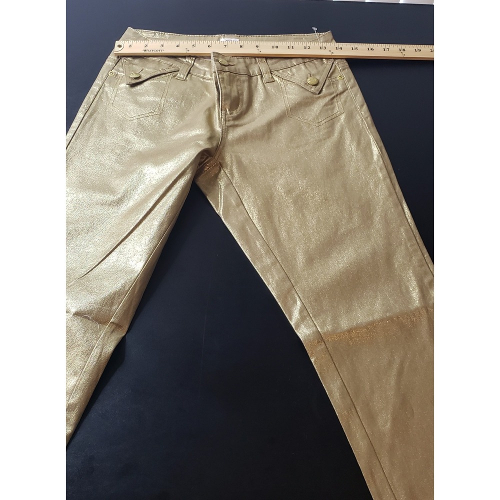 Cache Womens Metallic Gold Coated Skinny Pants Casual Novelty 2 Holiday Party - Picture 9 of 12